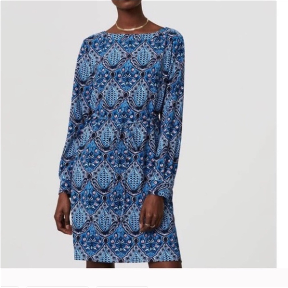 -LOFT blue long sleeve printed dress w belt. XXSP